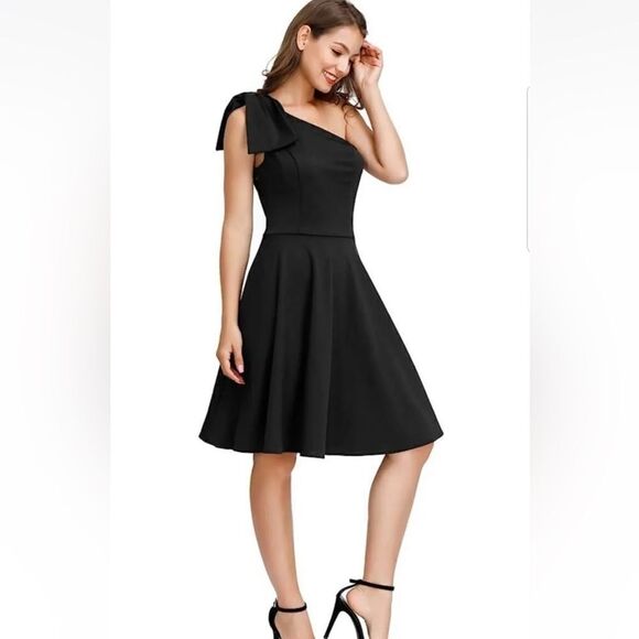 JASAMBAC  Bow One Shoulder Dress with Pockets A-line Cocktail Party Dress Sz-L - Picture 1 of 15